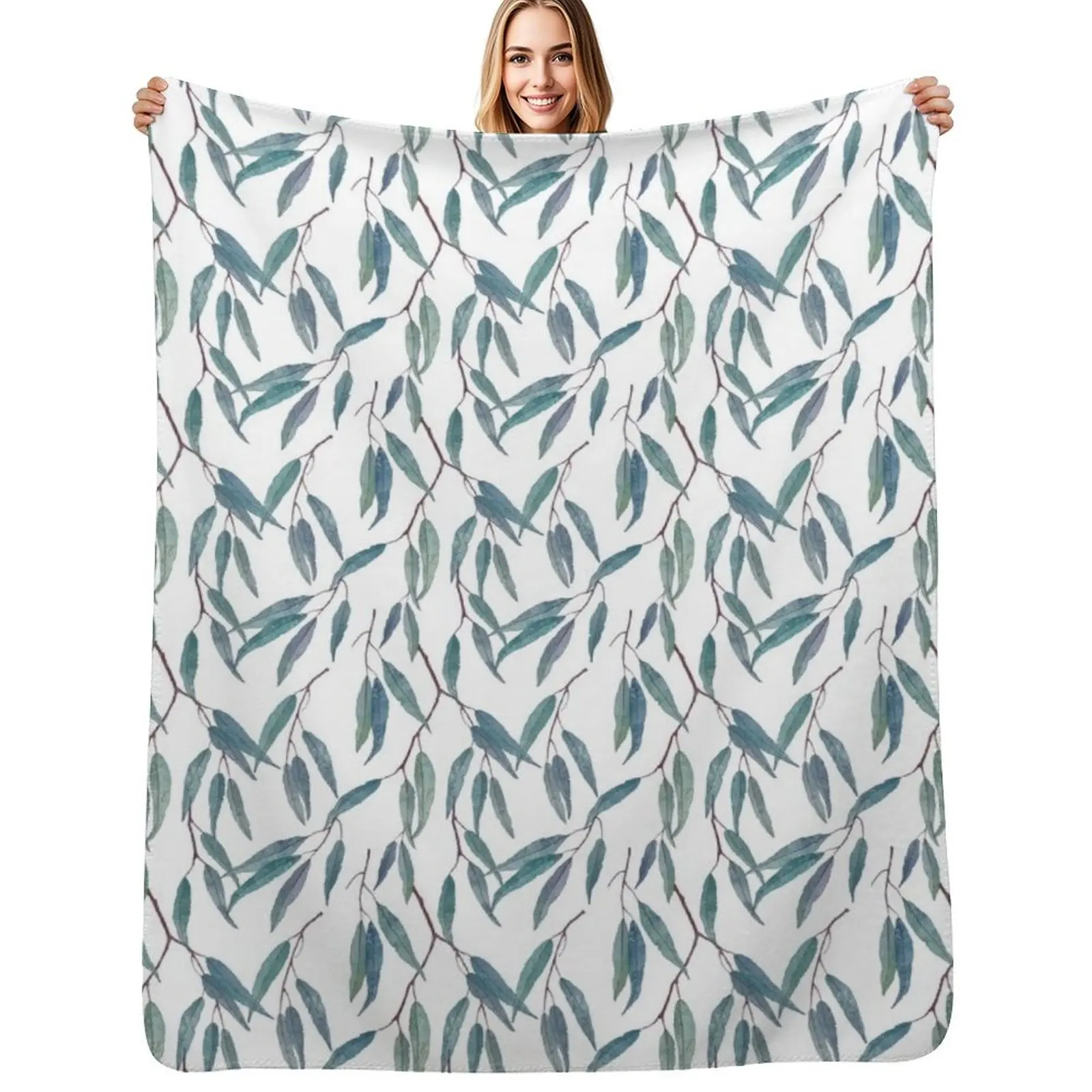 

Eucalyptus leaves on white Throw Blanket Wrinkle Resistant Lightweight Blanket