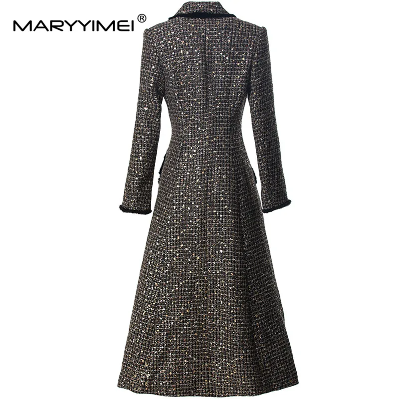 MARYYIMEI Autumn and winter Women's Coat Long-Sleeved Notched Double-breasted Sequins design Streetwear Brown Overcoat