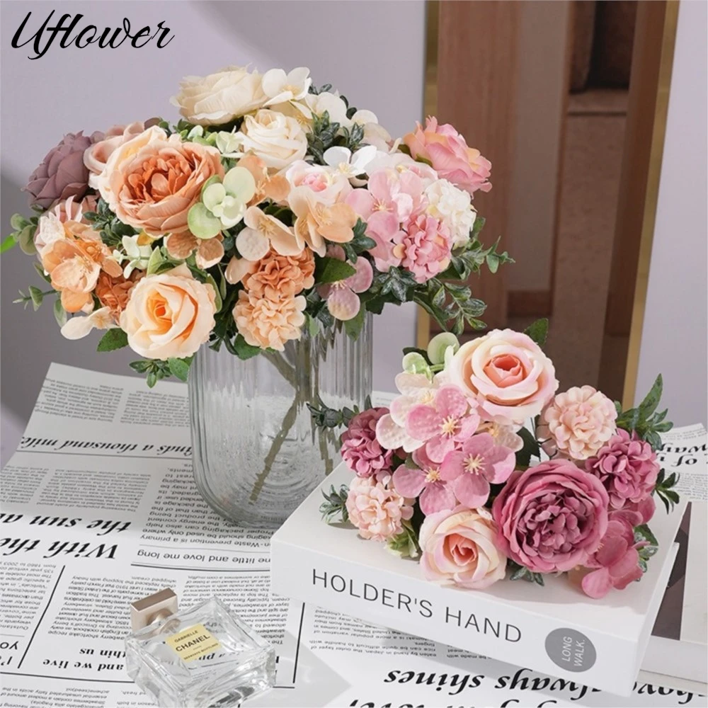 Künstliche Blumen mit 7 Köpfen, Seide, Pfingstrose, Rose, Hortensienstrauß, Heimdekoration, Party, Hochzeit, Braut, künstliche Pflanzen, Kunstblumen