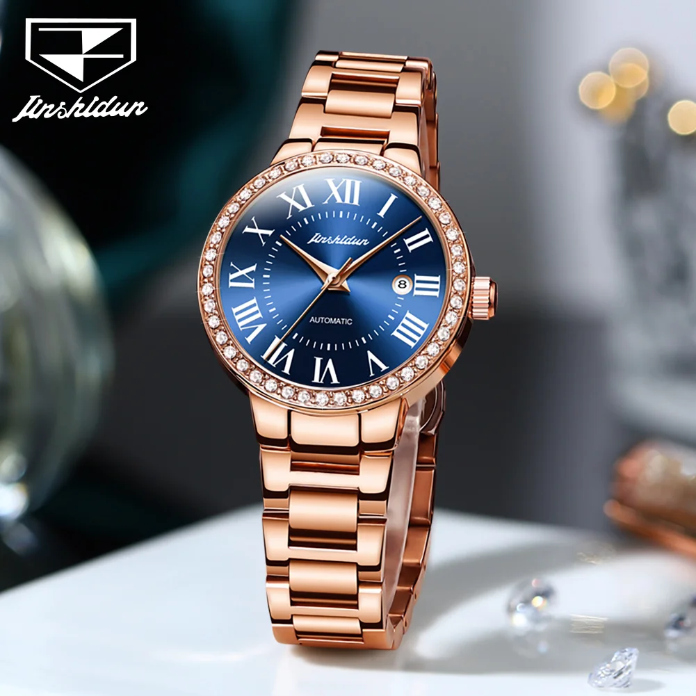 JSDUN 8934 Unique Automatic Mechanical Watch for Women Steel Strap Classic Retro Roman Dial Waterproof Women's Wristwatch