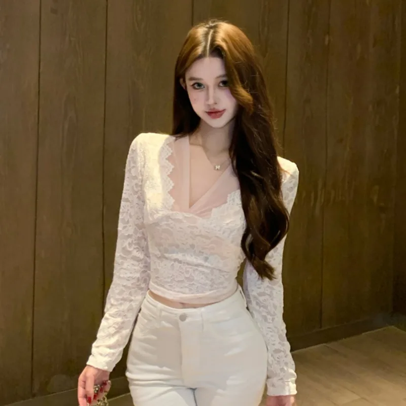 

Ele Pure Desire Fairy V-ne Long Sve Кружевная блузка iny Inner Wear Top для осени и зимы Faion 2025