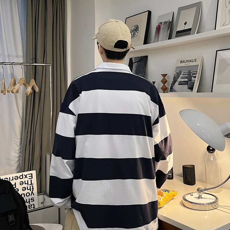 Striped Black T-shirts Men Preppy Stylish College Long Sleeve Harajuku Japanese Handsome Casual Baggy All-match Streetwear Cool