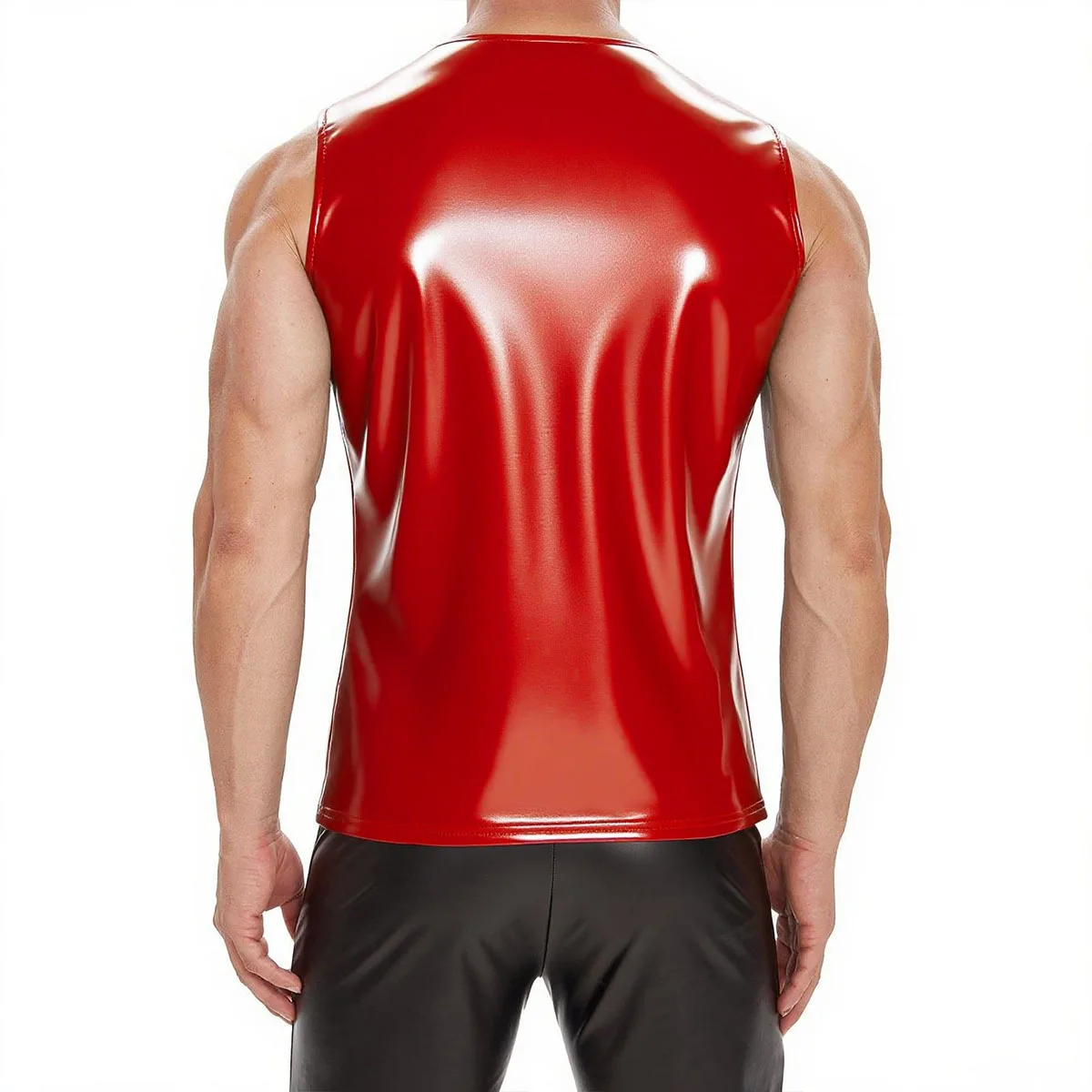 Men's Plus Size 7XL Red Faux Leather Tank Top Y2K Style Sexy Lace-Up Sleeveless Crop Gothic Punk Deep V Neck Vest for Clubwear