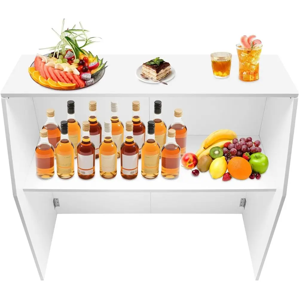 Portable White Cocktail Bar Cabinet with Top and Bottom Shelves for Events