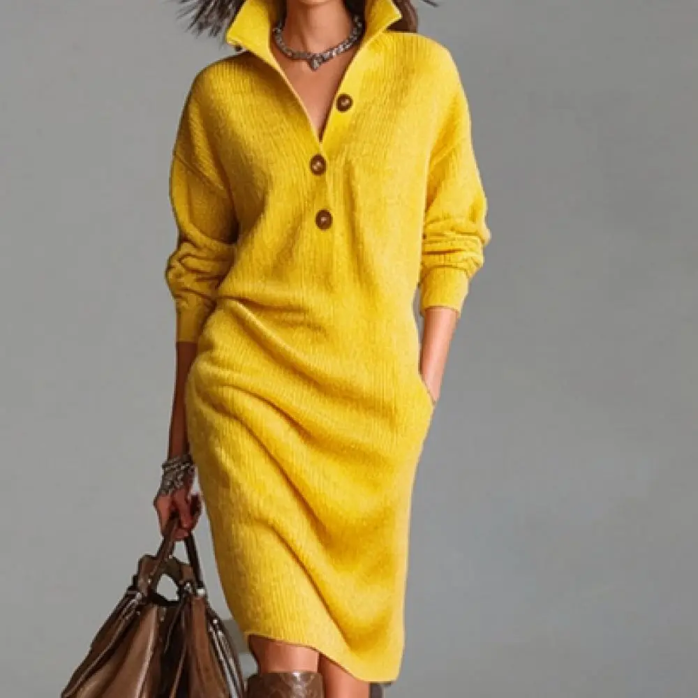 Women Fall Knit Sweater Dress Long Sleeve Polo Collar Button Up Loose Straight Casual Midi Dress Vintage Autumn Streetwear