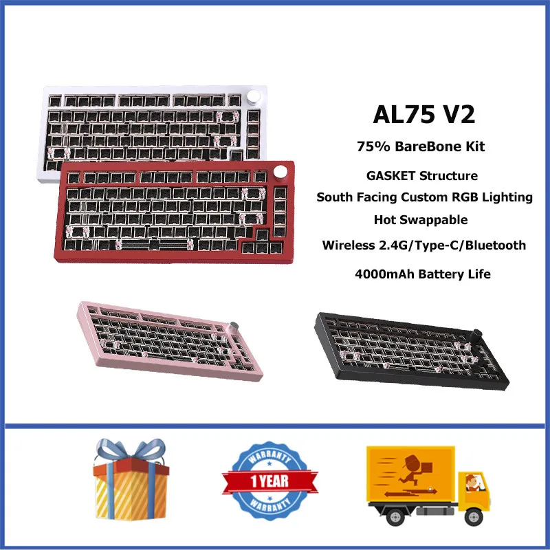 AL75 V2 Wireless BareBone Keyboard Kit 75% GASKET RGB Hot Plug Custom Aluminum Keyboard with Knob