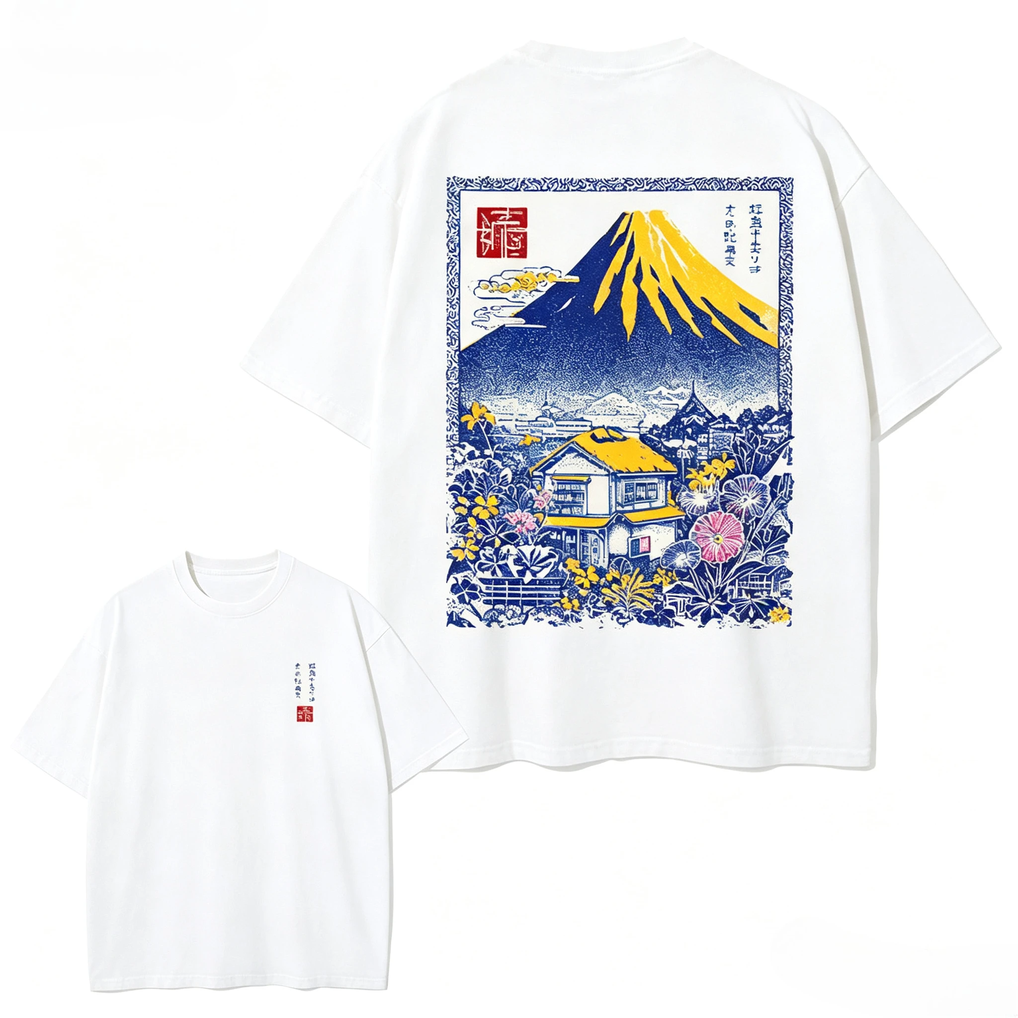 Men Women Cotton Casual Short Sleeve T-Shirt with Japanese Mount Fuji Cherry Blossoms Print Breathable Round Neck Summer Tee Top