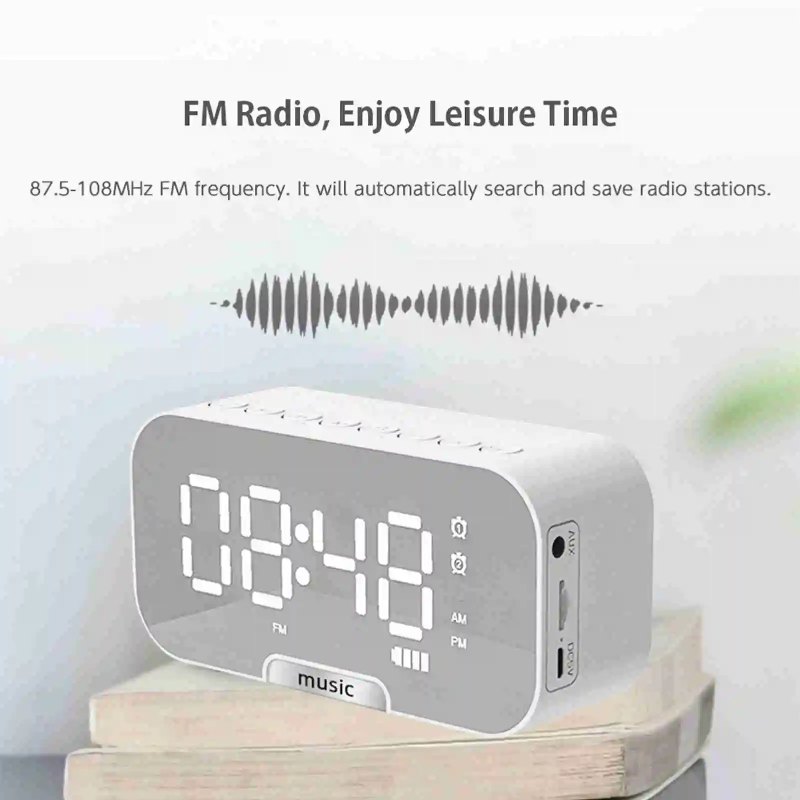 Digital Mirror Surface Alarm Clock with BT Speaker FM Radio Dual Alarms Electronic Desktop Clock Rechargeable Portable Player