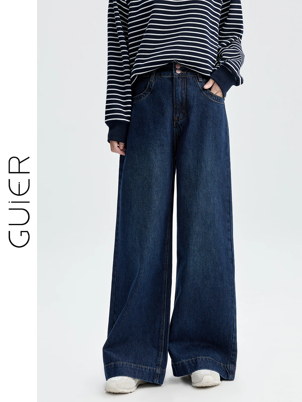 

Женские джинсы Guier Retro из денима с высокой талией, свободного кроя, на двух пуговицах, осенняя новинка, утягивающие, с широкими штанинами