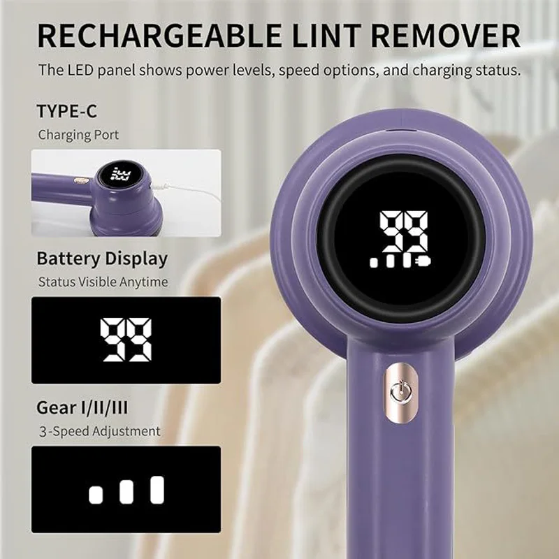 مزيل الوبر القابل لإعادة الشحن عبر USB شاشة LED كبيرة منزلية متعددة الوظائف شاشة ديجيتال مزيل كرة الشعر المتقلب