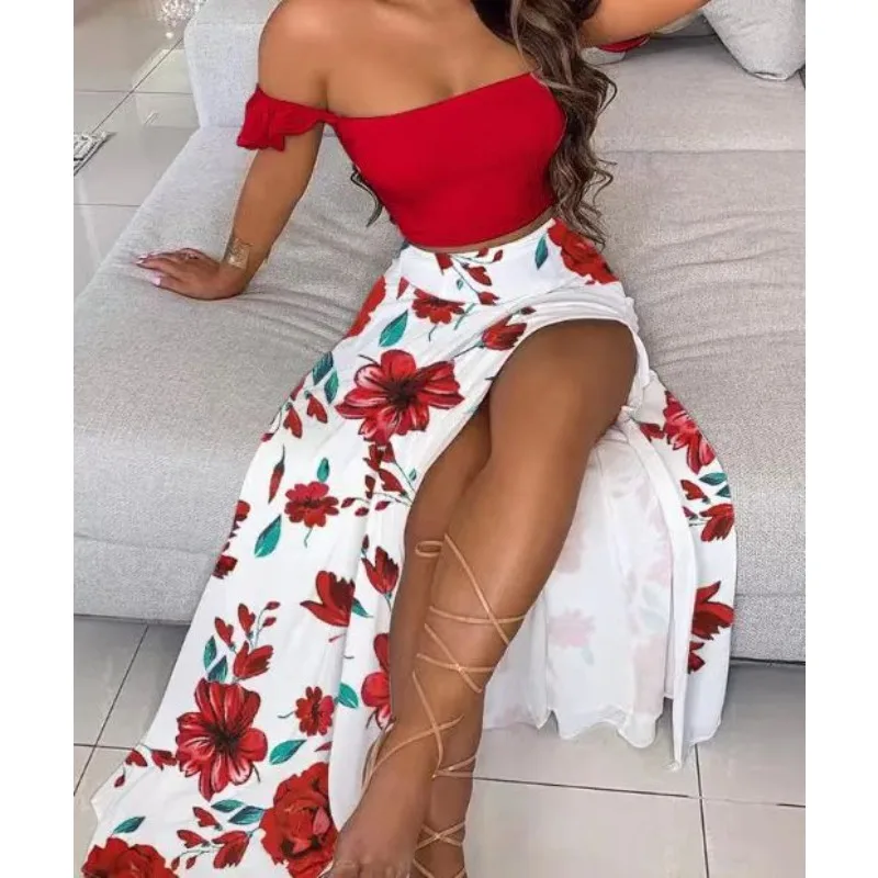 2024 Summer New Women\'s Clothing Fashion Sexy Digital Floral-Print off-Shoulder Split Dress Two-Piece Set