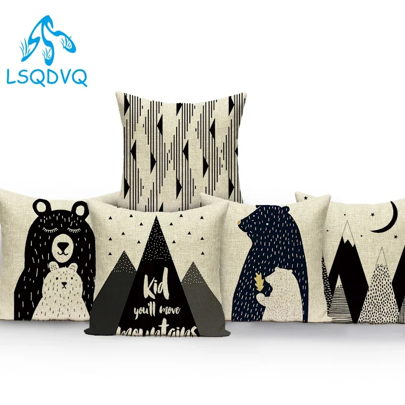 Decorative Throw Pillows Black White Cute Cartoon Animals Bear Geometric Moon Sofa Home Cushion Cover for Living Room Decoration