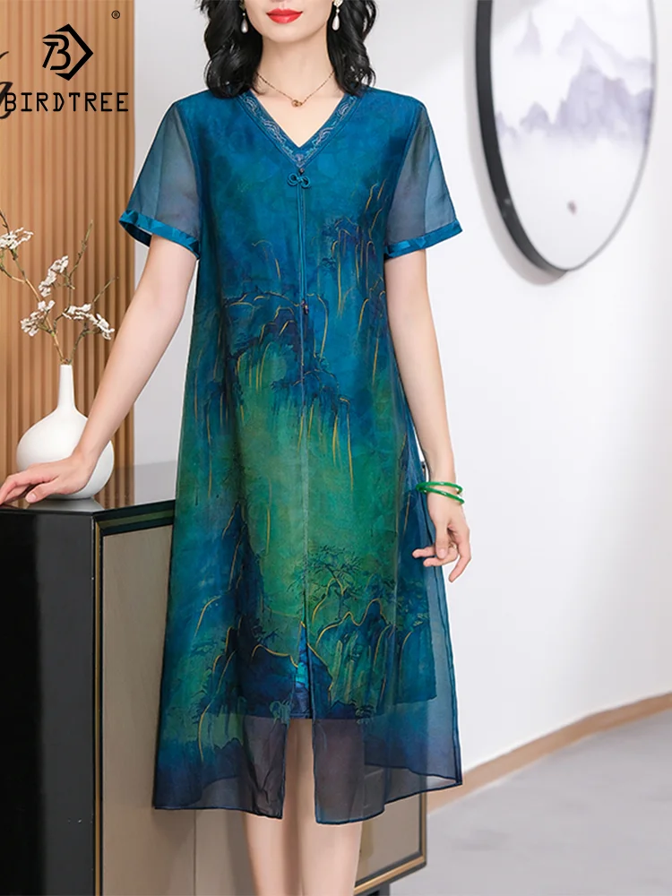 BirdTree, 100%Real Silk Chinese Dresses, Women V Neck Tassel Printed, Elegant OL Oversize Mom Dress, 2024 Summer New D44879QM