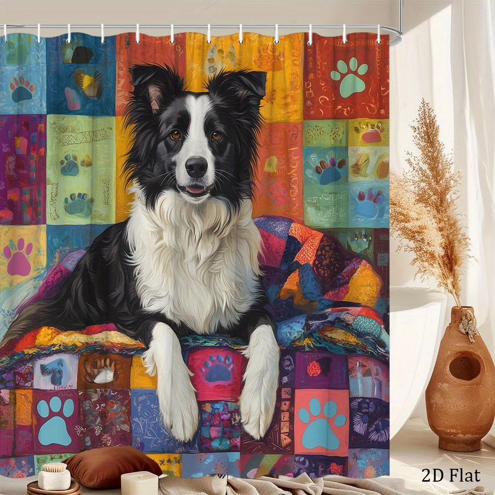 1pc Shower Curtain Featuring a Border Collie on a Patchwork Quilt, Showcasing a Relaxed Dog on a Comfy Quilt with Paw Prints And
