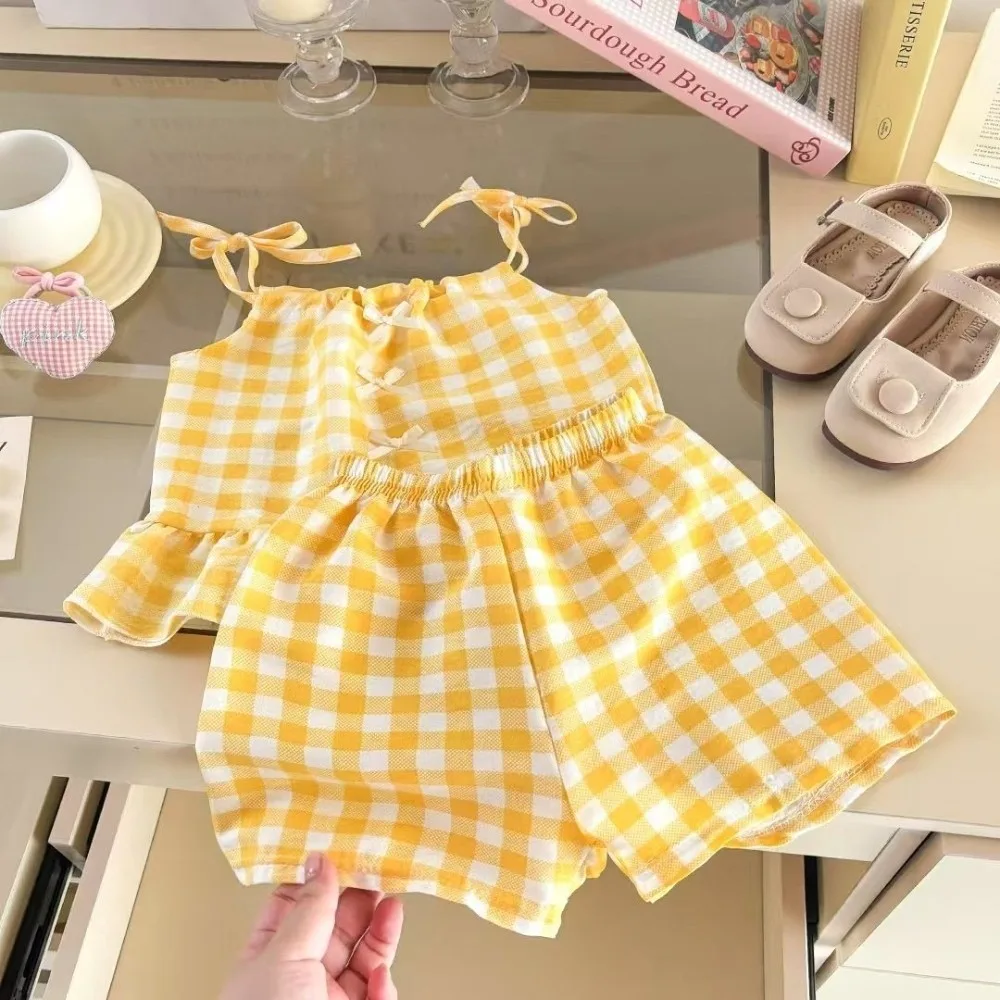 Fashion Princess Girls Sling Shorts Set Thin Bow Strap Suits Sweet Vest Skirt Summer