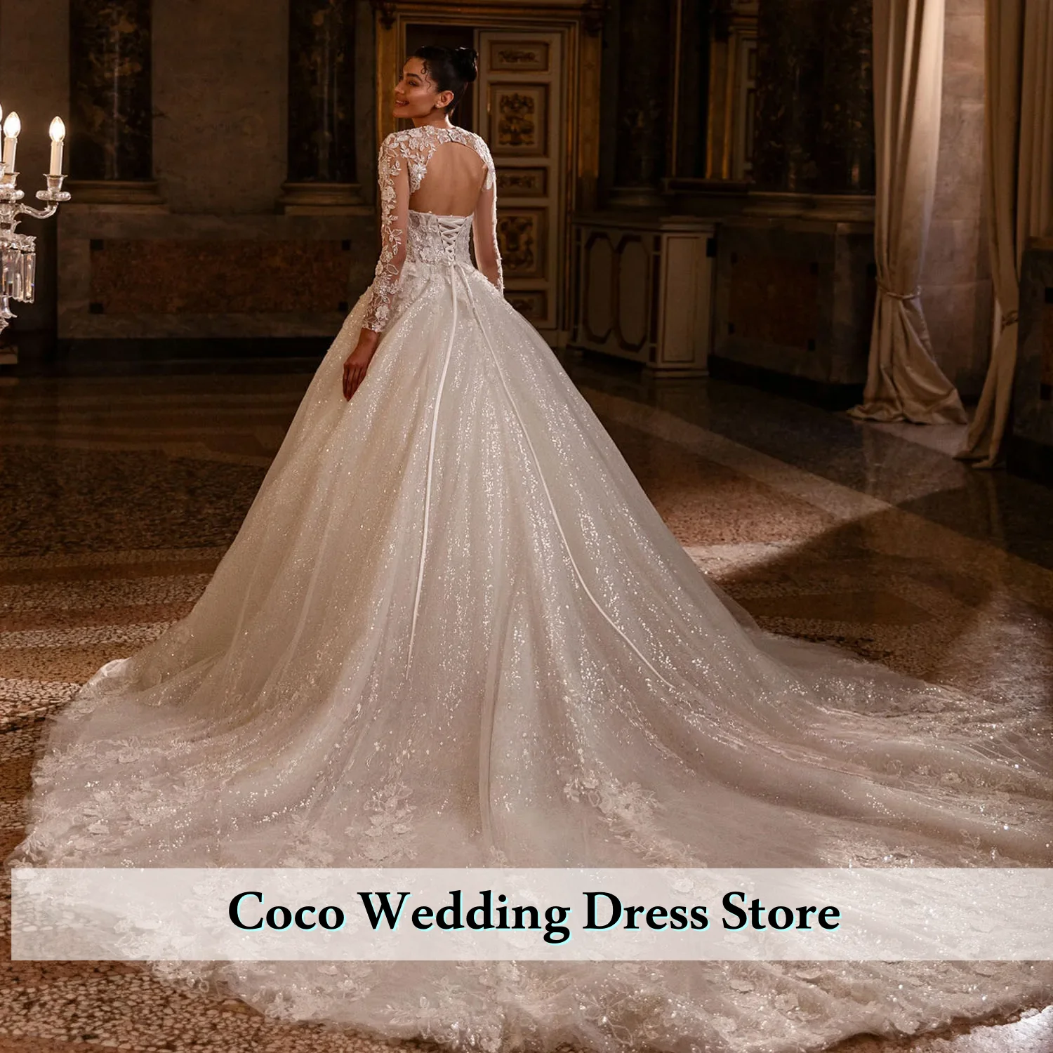 Customized Exquisite Detachable Long Sleeve Shawl Lace Up Back Beads Sequins Appliques 2 Pieces Shiny Ball Gown Wedding Dresses