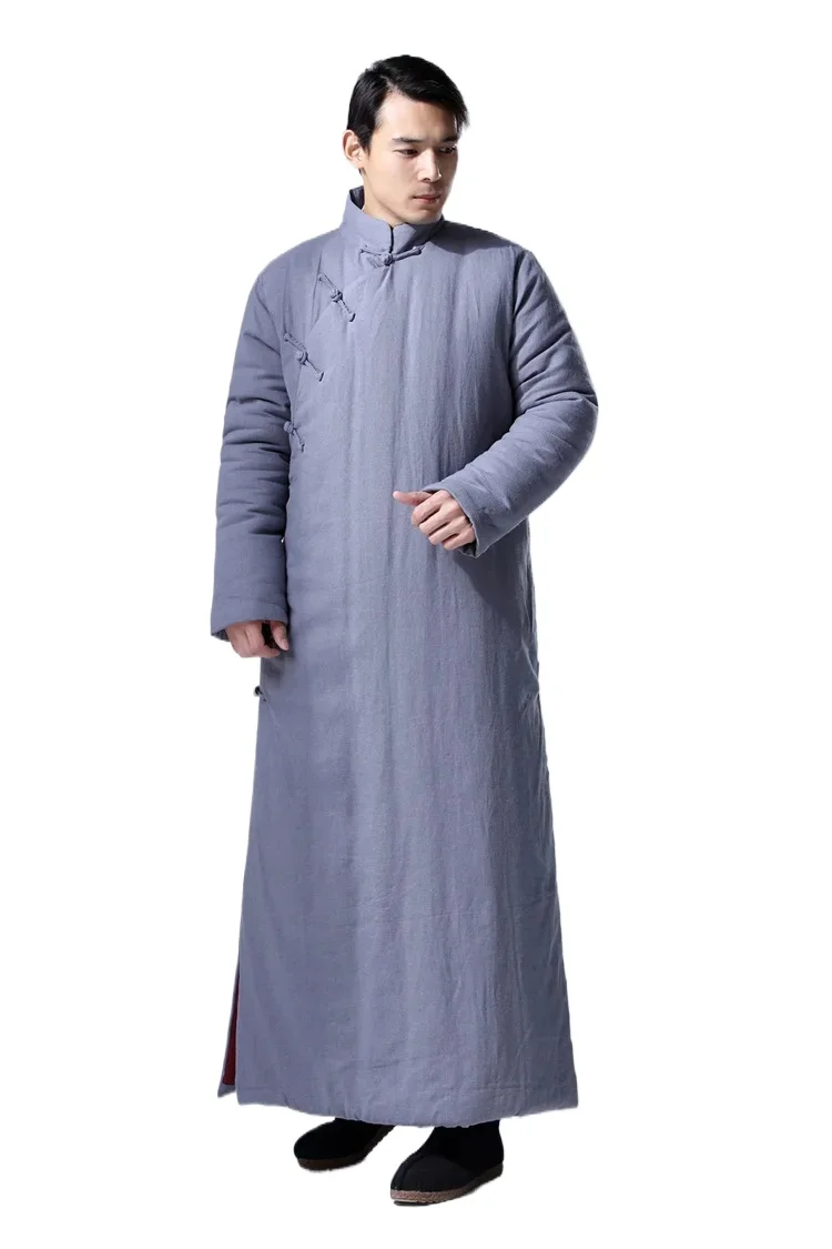 

Китайский толстый халат Hanfu, свободный льняной длинный халат Pourpoint, зимняя мужская одежда, зимнее теплое длинное платье с хлопковой подкладкой из конопли в китайском стиле