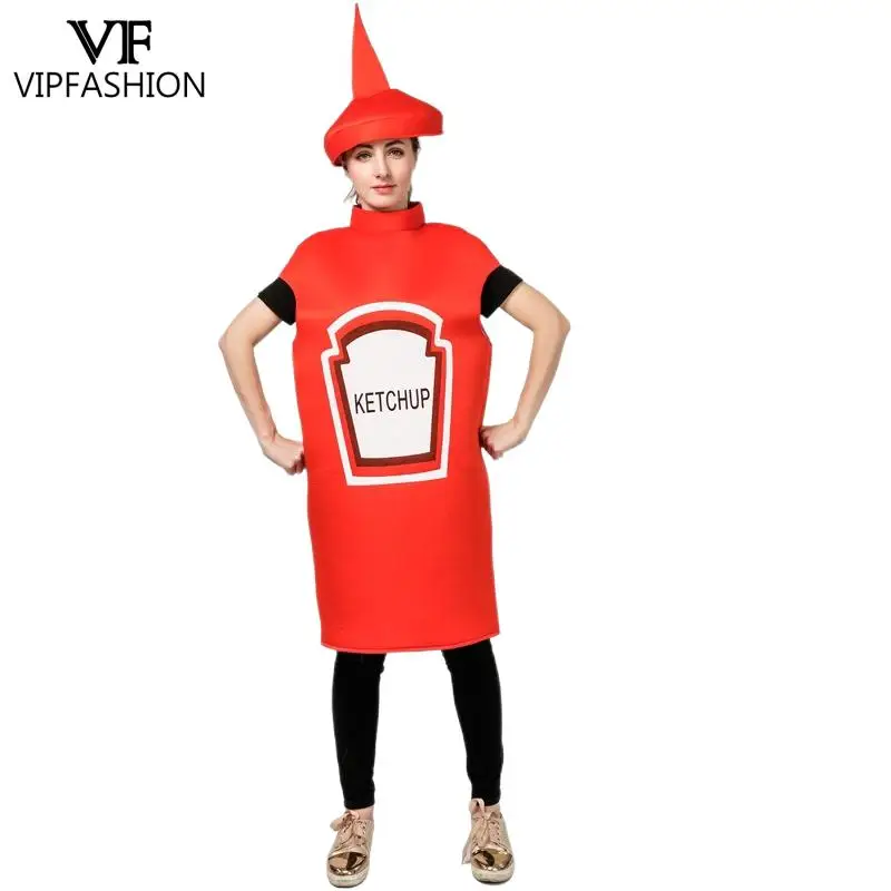 VIP FASHION Unisex Cosplay Costume Halloween Adult Couple Mustard Ketchup Jumpsuit with Cap Women Men Party Funny Food Outfit