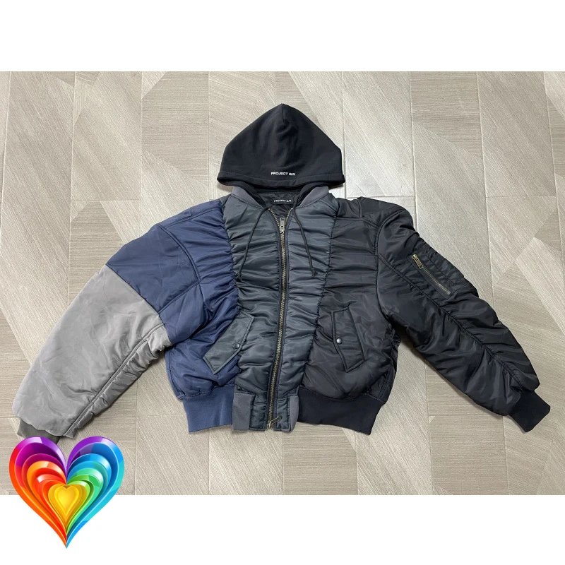 

Irregular Sleeve Pocket Patchwork Project GR Zipper Hooded Jacket Men Women Winter Keep Warm Thicken Cotton-padded Jacket Coat