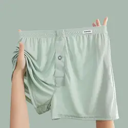 Men Boxer Underwear Elastic Waist Mid-rise Shorts Briefs Solid Color Wide Loose Fit Button Fly Ice Silk Male Aro Thin Panties