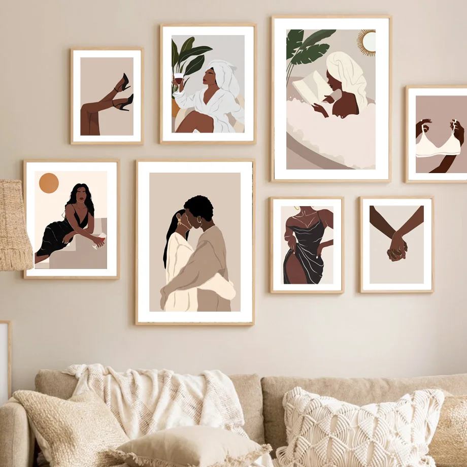 Black Woman Wall Art Mural Print Boho Neutral Minimalist Abstract Female Figure Canvas Poster Modern Bedroom Living Room Decor