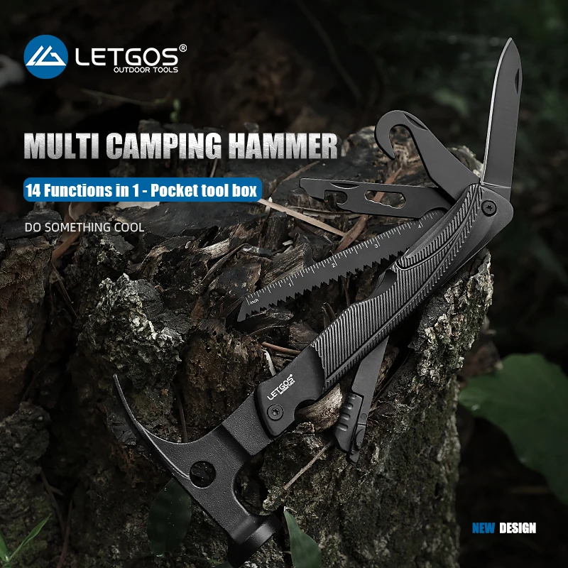LETGOS Multi Camping Hammer 14 in 1 portable emergency stake hammer tool with nail remover, flat shovel for kinds tent stake