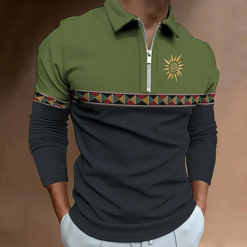 Camisas polo estampadas com bloqueio colorido masculina, roupa de golfe lapela, tops de manga comprida, com zíper casual, moda retrô, esporte