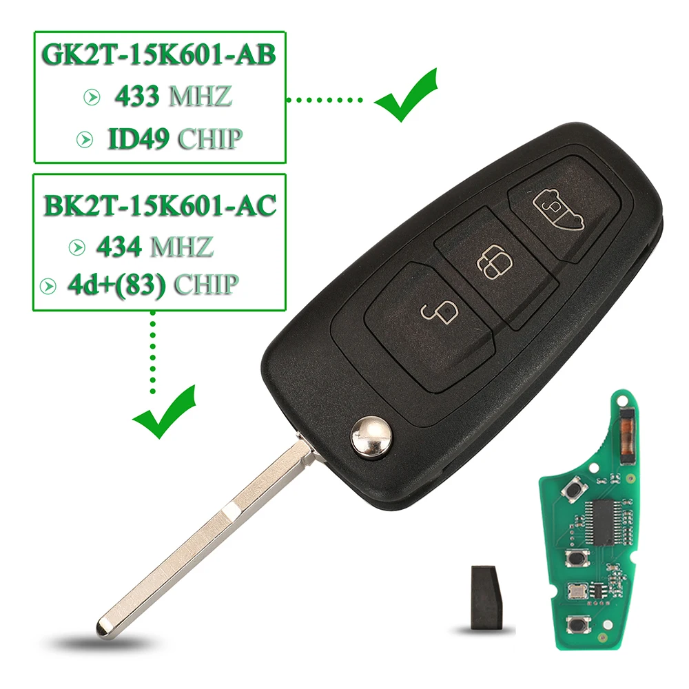 jingyuqin ID49 GK2T-15K601-AB BK2T-15K601-AC 4D83 Chip 433Mhz Flip Remote Car Key For Ford Tourneo Custom 2015- FOB 3 Buttons