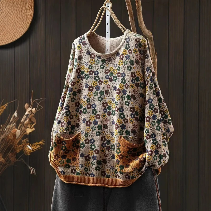 

Vintage Floral Print Long Sleeve O Neck Sweater Causal Elegant Winter Top Autumn Winter Korean Style Women's Knitted Pullovers