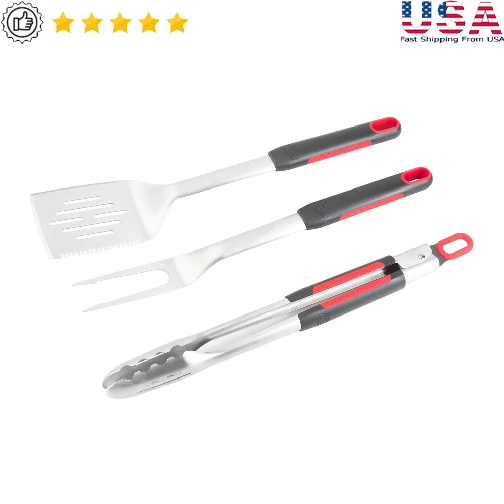 

3-Piece Deluxe Stainless Steel Grill Tool Set with Soft Grip Handles Barbecue Cooking Fork Tongs Spatula Dishwasher Safe