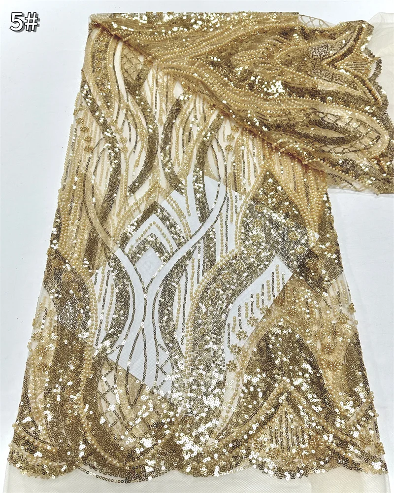

Gold African Beads Lace Fabric 2025 High Quality French Mesh Lace Fabric With Sequins Nigerian For Wedding Dress