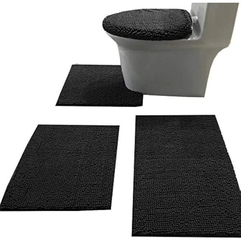 

Chenille Bath Rug Set 4 Piece with Toilet Lid Cover and Rug Set Combo, Soft Shaggy Bath Rug Set 3 Piece