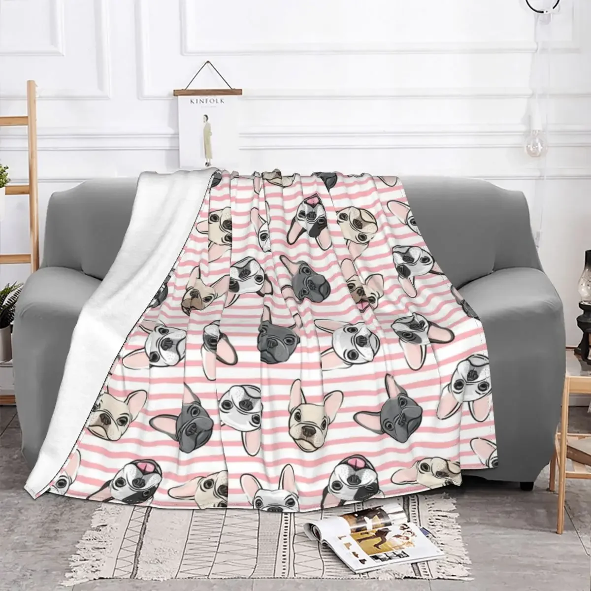 All The Frenchies Pink Stripes French Bulldog Dog Blanket Coral Fleece All Season  Soft Throw Blanket for Bedding Car Bedspread