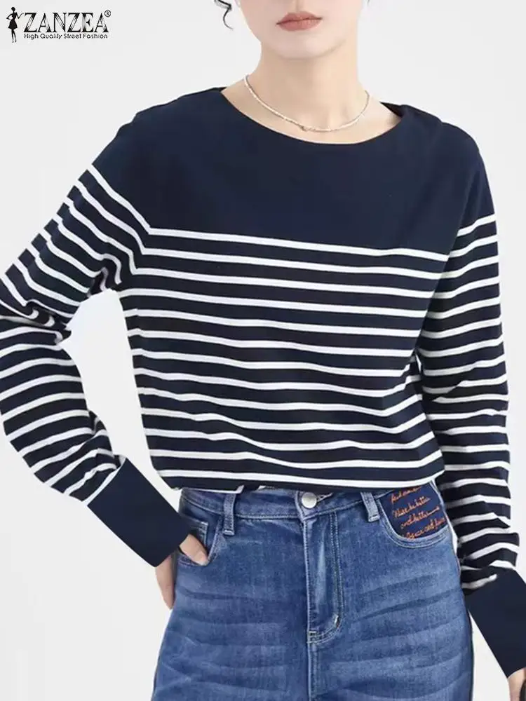 Zanzea coreano listras manga longa blusa feminina solta topos 2024 outono em torno do pescoço casual túnica moda escritório blusas trabalho túnica