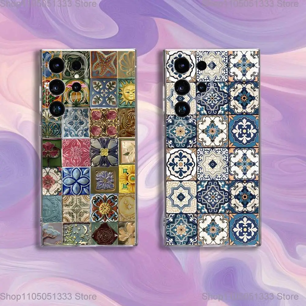 

M-Moroccan Tile Phone Case For Samsung S24,30,21,22,23,20 FE,lite,PIus,Ultra,5G,Note,9,10 Transparent Cover