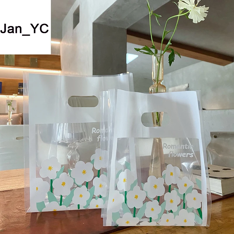 50Pcs Transparent Flower Printed Plastic Bags with Handles Dessert Baking Take Out Bag Cake Store Takeaway Bag Thicken Tote Bags