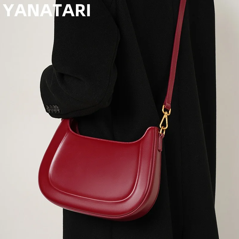 Bolso de hombro rojo de cuero genuino para mujer, bandolera minimalista de cuero de vaca, bolso de lujo para axila, bolso de sillín