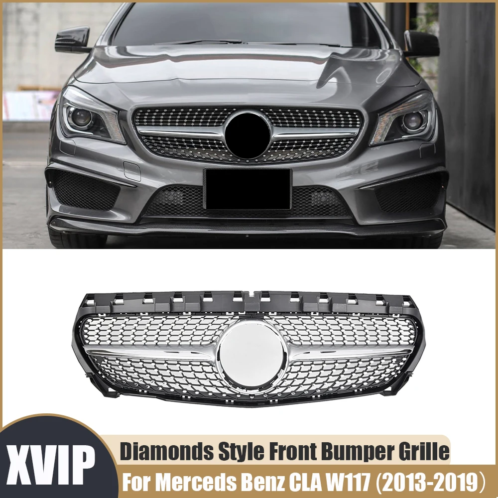 

XVIP Silver Front Bumper Grille Radiator Grill For Mercedes Benz CLA W117 13-19 CLA250 CLA200 CLA180 Diamonds Style Racing Grill