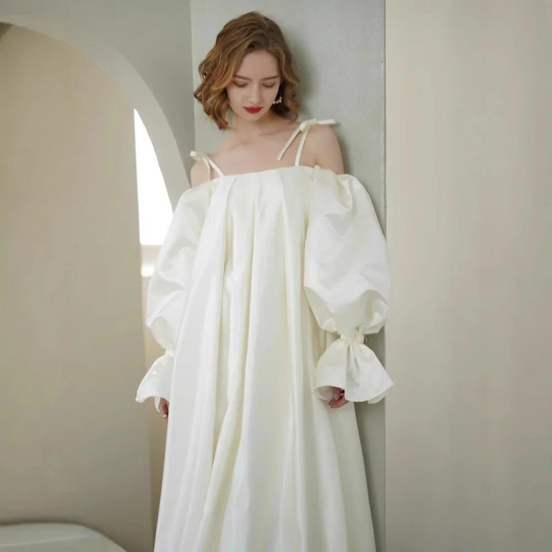 Новое потрясающее винтажное атласное свадебное платье во французском стиле с открытыми плечами и пышными рукавами, прозрачное платье в лесном стиле для путешествий