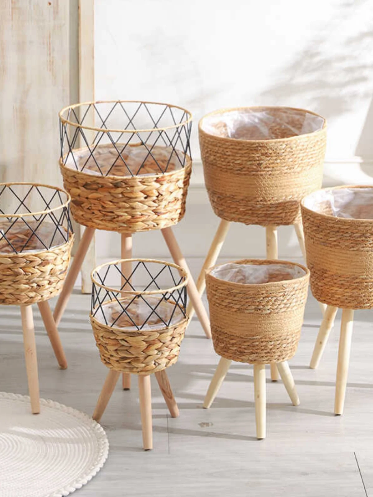 Nordic Style Living Room Plant Gourd Grass Basket Decorative Wicker Flower Pot Balcony Floor Standing Flower Rack Woven Baske...