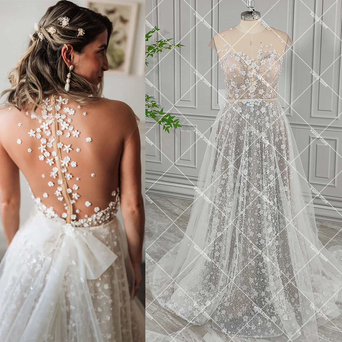 Vestidos de novia transparentes con espalda descubierta y flores brillantes, escote en V, transparente, personalizado, línea A, bonito vestido de novia bohemio con lazo