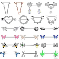 2pcs Butterfly Nipple Piercings Rings 16mm Length Bar Barbell Steel Crystal Nipple Shield Cover Heart Flower Tongue Body Jewelry