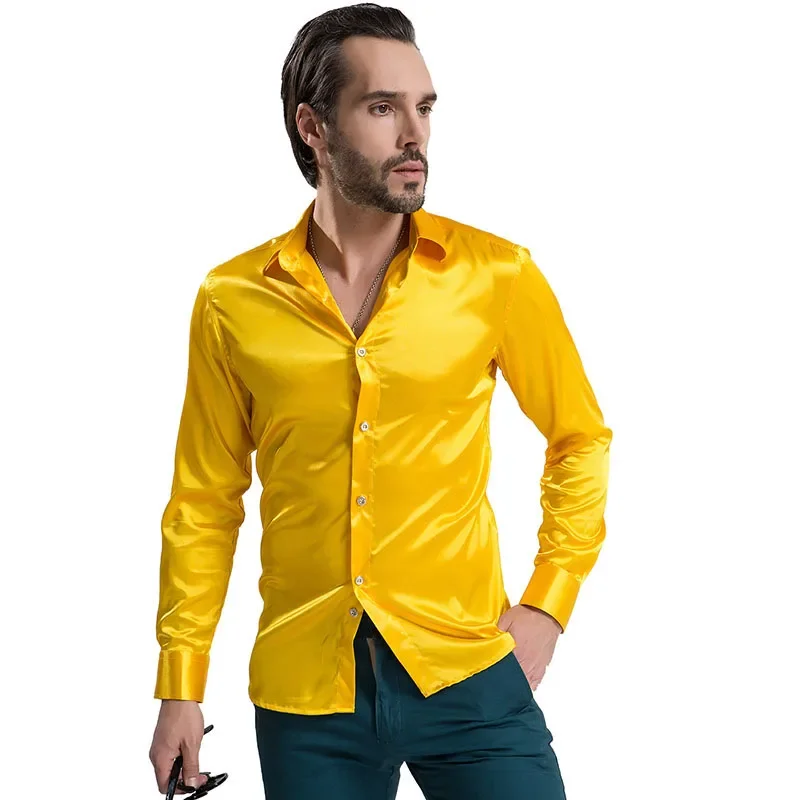 2024 Fashion Shiny Satin British Style Dress Shirt Luxury Ice Silk Long Sleeve Mens Casual Shirt Performance Clothing Wear Male