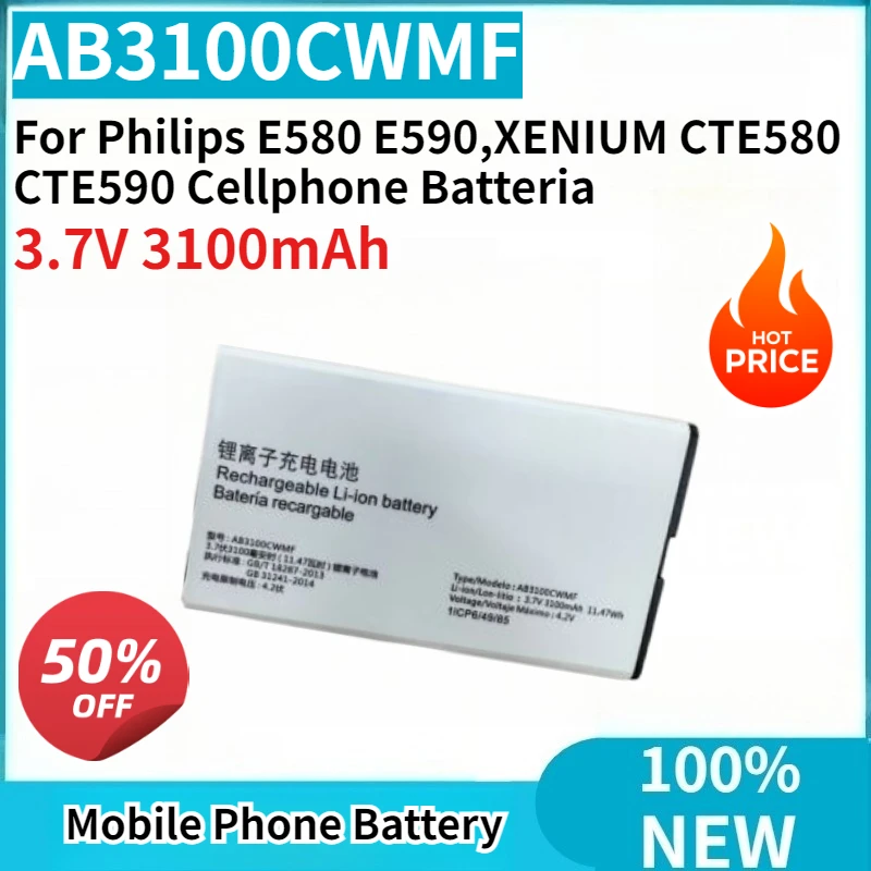 

High Quality AB3100CWMF 3.7V 3100mAh Phone Battery for Philips E580 E590,XENIUM CTE580 CTE590 Cellphone Batteria
