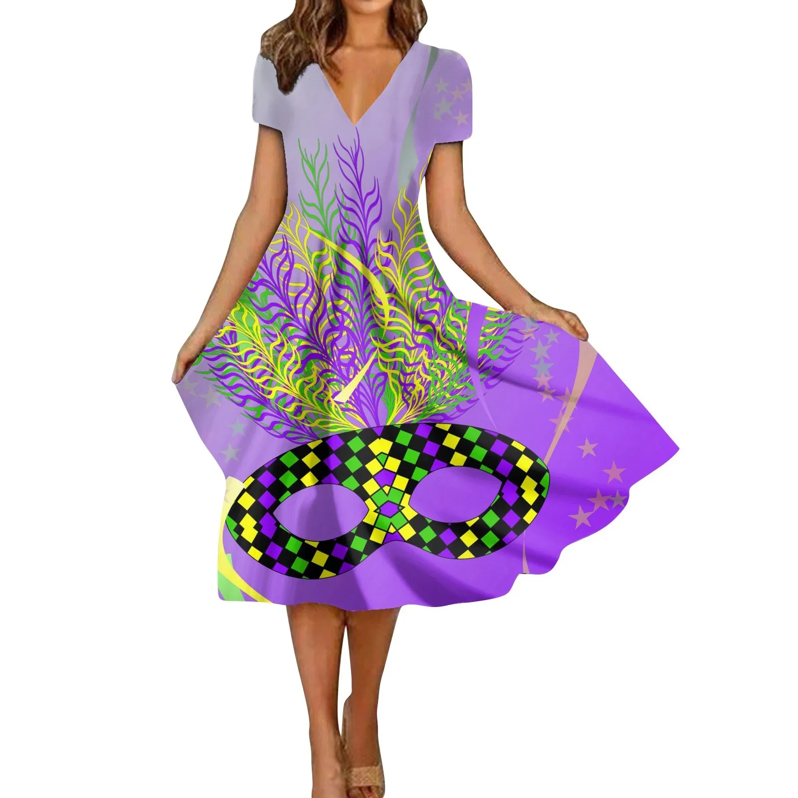 فساتين رسمية بطول الكاحل للنساء ، رقبة حرف V ، أكمام طويلة ، كرنفال مطبوع ، فساتين رسمية للفتيات