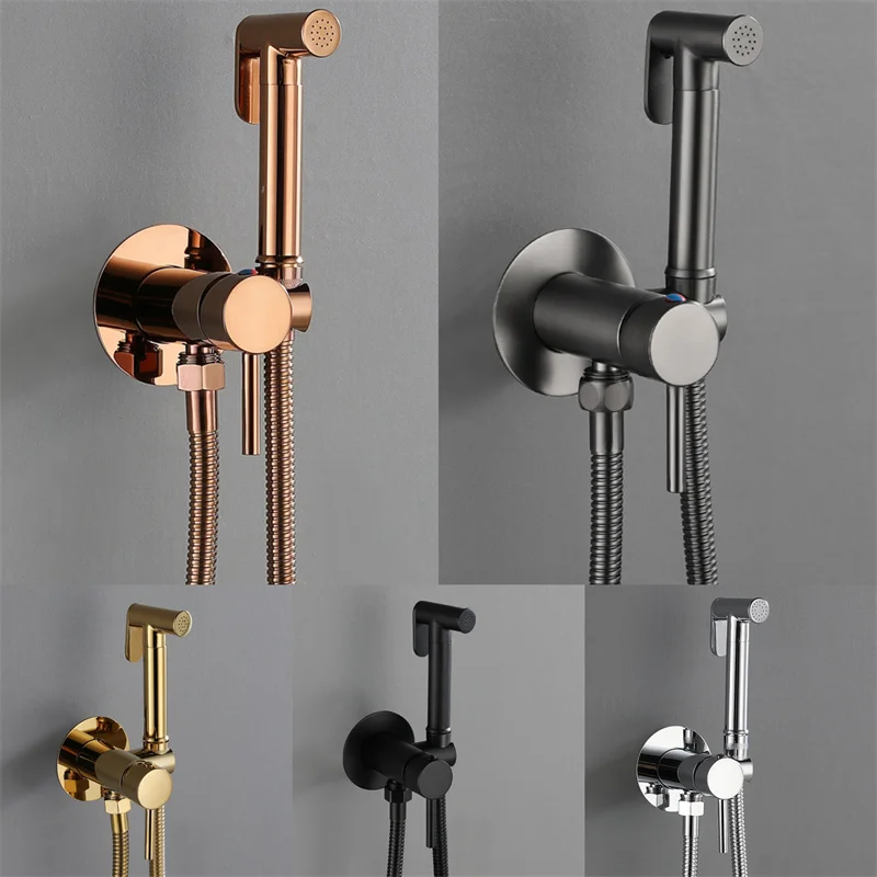 Bessie copper toilet spray gun faucet concealed pre-embedded hot and cold rose gold gun gray round pressurized women's cleaner