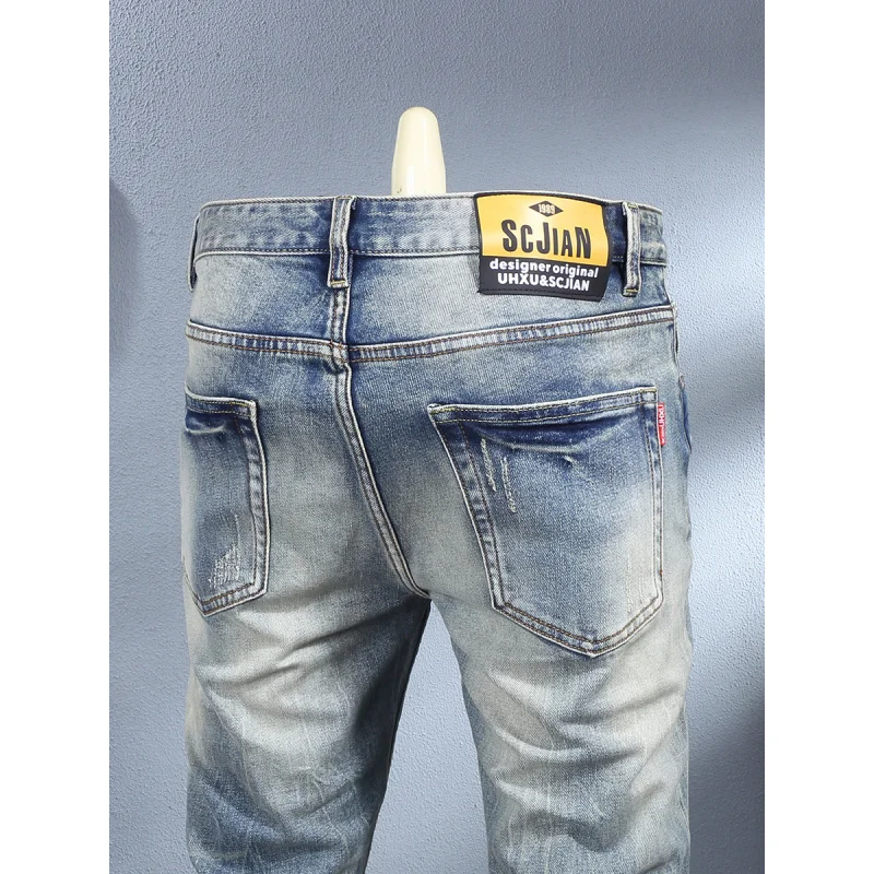 Blue polished white retro trend elastic small straight leg jeans men, nostalgic washed and worn pants