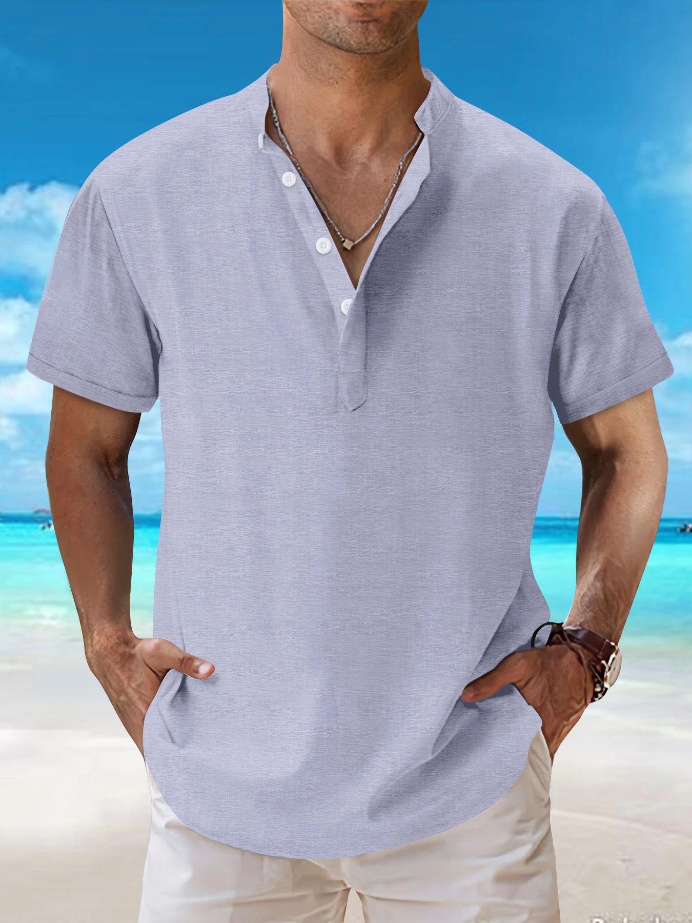 2024 summer trend stand collar solid color short-sleeved shirt button design men's casual shirt outdoor street wear handsome top