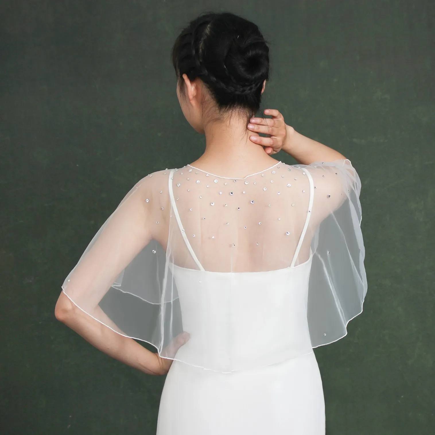 Rhinestone Tulle Bolero Shrug with Pearl Button – Short Pencil Edge Capelet for Wedding Bridal Dress GP89B