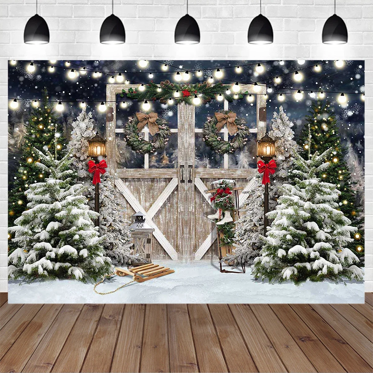 Mocsicka Winter Merry Christmas Photo Backdrop Xmas Tree Door Ski Gift Garland Decoration Photography Adult Baby Portrait Props